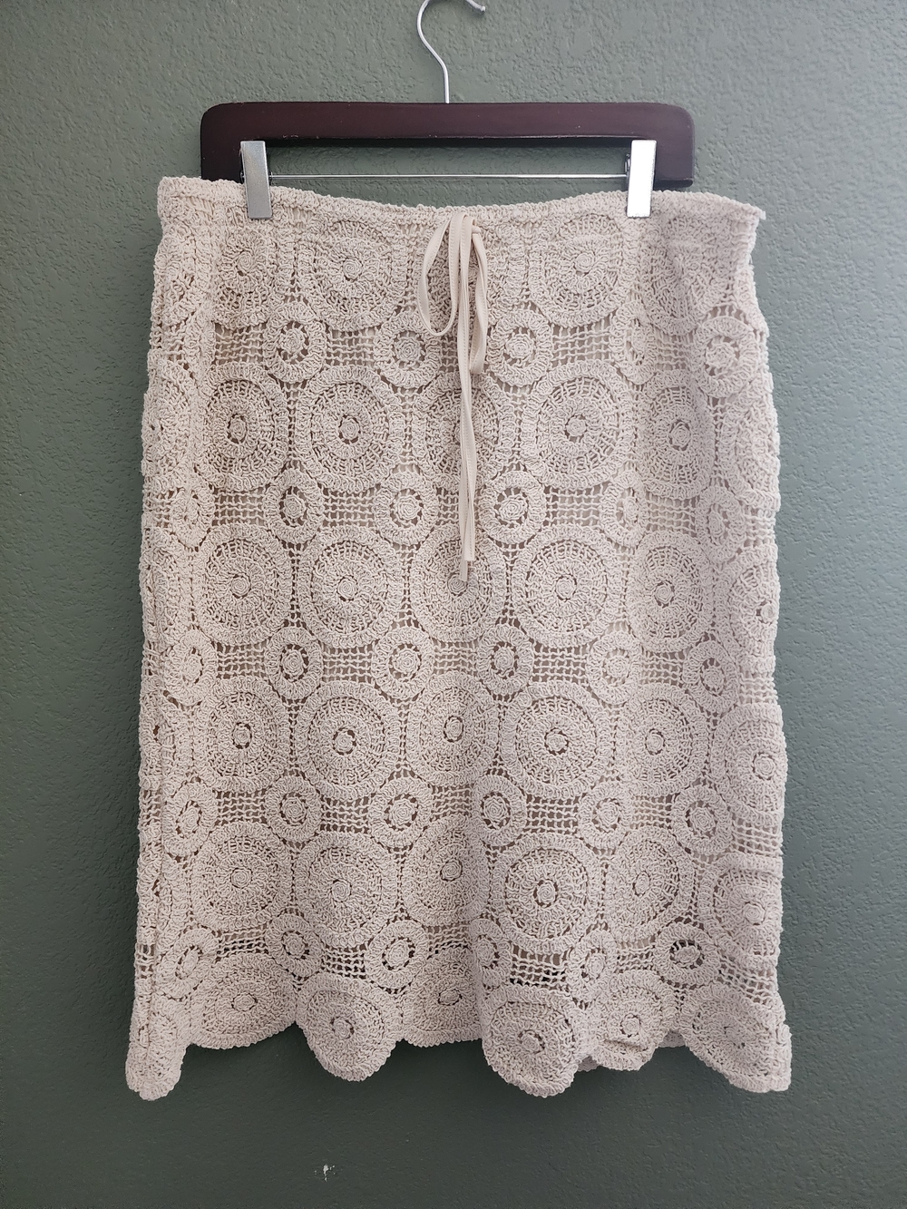 Crochet Midi Skirt with Drawstring Waist in Beige